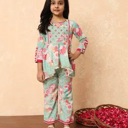 READIPRINT Three Fourth Sleeves Floral Printed Mirror Work Embroidered Kurta & Palazzo - Sea Green-picture-28