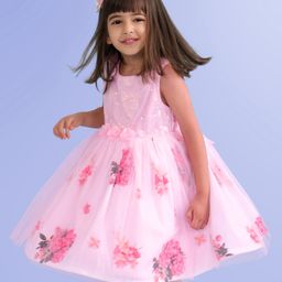 Babyhug Sleeveless Party Frock with Sequin Detailing  Floral Print & Applique - Baby Pink-image-74