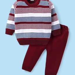 Babyhug Knit Full Sleeves Striped Sweater Set - Maroon-image-81