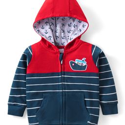 Babyhug Cotton Knit Full Sleeves Front Open Striped Sweatjacket With Hood & Boat Patch - Multicolor-picture-27