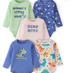 Babyoye 100% Cotton Knit With Eco- Jiva Finish Full Sleeves Onesies with Dino Print Pack of 5 - Blue Green & Pink-image-94