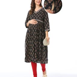 Bella Mama Woven Three Fourth Sleeves Maternity Kurta Floral Print with Embroidered Neck & Belt with Pocket - Black-image-65