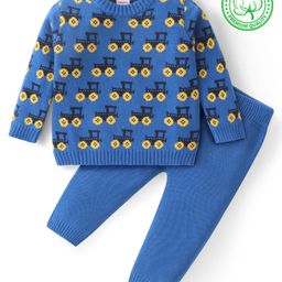 Babyhug Cotton Knit Full Sleeves Sweater Set With Vehicle Design - Blue-image-41