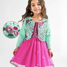 Babyhug Woven Ethnic Dress with Three Fourth Sleeves Shrug & Sequin Detailing & Floral Embroidery - Dark Pink & Sea Green-image-52