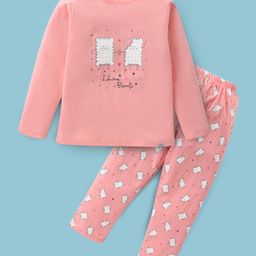 Teddy Sinker Knit Full Sleeves Night Suit With Biscuits Print - Light Peach-image-50