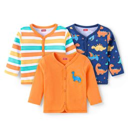 Babyhug 100% Cotton Antibacterial Front Open Vest With Dino Print Pack of 3 - Blue & Orange-image-92
