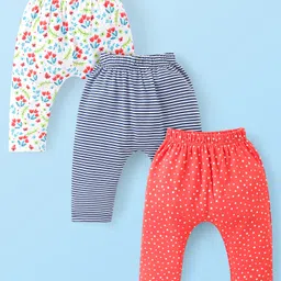 Babyhug Cotton Knit Full Length Diaper Leggings With Stripes Polka Dots & Floral Print Pack Of 3 - Navy Off White & Red-picture-0
