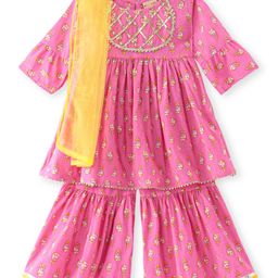 Ridokidz Sleveless Floral Printed Lace Embellished Kurta With Sharara & Dupatta Set - Pink-image-27
