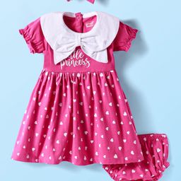 Babyhug Single Jersey Knit Half Sleeves Heart Printed Frock With Bloomer & Headband - Dark Pink-picture-27