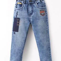 Olio Kids Full Length Washed Denim Jeans with Text Embroidery & Patch - Light Blue-image-63
