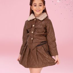 Cutecumber Leatherite Full Sleeves Quilted Jacket With Coordinating Skirt Set - Brown-image-77
