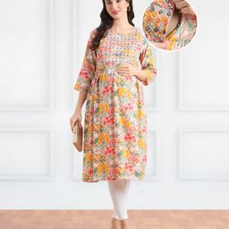 Bella Mama Woven Three Fourth Sleeves Floral Printed Maternity Kurta with Embrodiered Yoke & Pocket - Pink-image-96