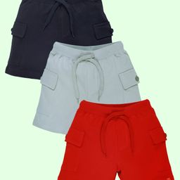 Kiddopanti Cotton Pack Of 3 Solid Cargo Shorts - Black Steel Grey & Red-image-75