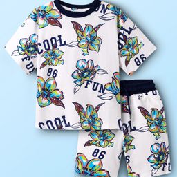 Pine Kids 100% Cotton Knit Half Sleeves Floral Printed T-Shirts & Shorts Set - White-image-24
