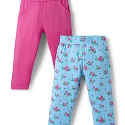 Honeyhap Premium Cotton Knit Three Fourth Leggings With Bio Finish & Floral Print Pack Of 2 - Pink & Light Blue-image-38