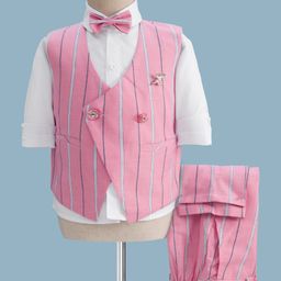 Rikidoos Full Sleeves Striped 3 Piece Party Suit Set With Bow - White & Pink-picture-41
