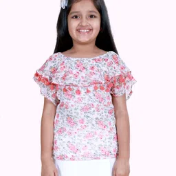 Kiddopanti Georgette Woven Half Sleeves Floral Printed Pom Pom Embellished Top - White-picture-41