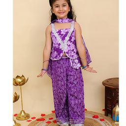 AJ Dezines Cotton Woven Sleeveless Floral Printed & Gota Lace Embellished Top Palazzo & Dupatta Set - Purple-image-48