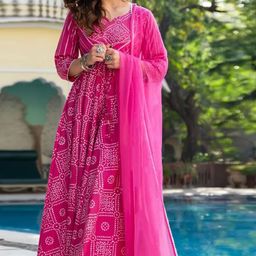 DIVASTRI Bandhani Printed Notch Neck Anarkali Kurta With Trousers And Dupatta-image-40