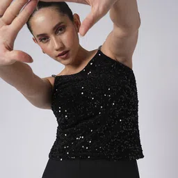 Globus Round Neck Chain Shoulder Straps Sequinned Velvet Party Top-picture-34