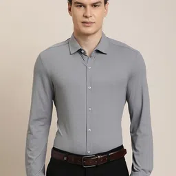Turtle Spread Collar Long Sleeves Dobby Nylon Classic Slim Fit Formal Shirt-image-53