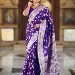 Satrani Purple Silk Blend Woven Saree With Unstitched Blouse-image-80