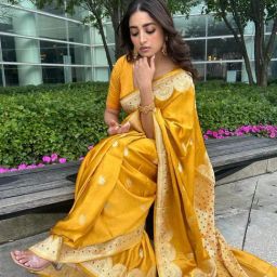 Satrani Yellow Silk Blend Woven Saree With Unstitched Blouse-picture-34