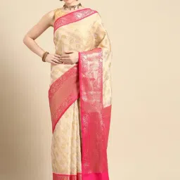 Silk Land Off-White & Pink Woven Saree With Unstitched Blouse-picture-5