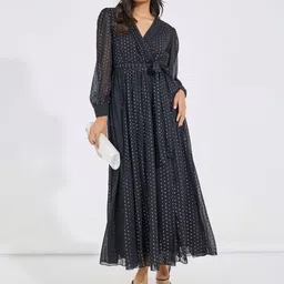 Styli Women Self Design V-Neck Puff Sleeve Wrap Maxi Dress-image-17