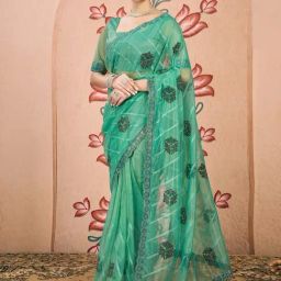 Satrani Green Net Embroidered Saree With Unstitched Blouse-picture-0