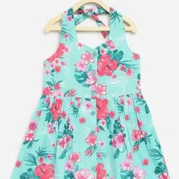 Campana Kids Sea Green & Magenta Floral Print Dress-image-94