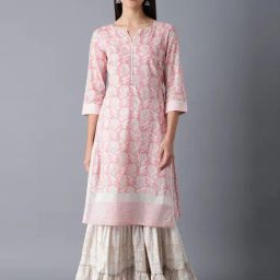 W Pink Cotton Printed Straight Kurta-image-82