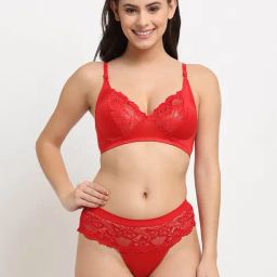 Friskers Red Self Design Bra & Panty Set-image-19