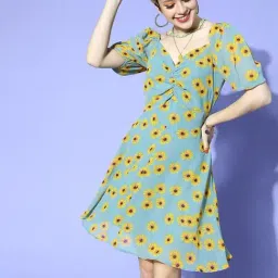 Melon by Pluss Turquoise Floral Print A-Line Dress-image-90