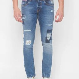 Spykar Blue Cotton Slim Fit Distressed Jeans-image-45