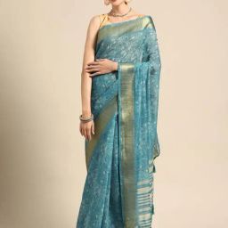 Silk Land Blue Printed Saree With Unstitched Blouse-image-79