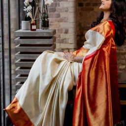 Satrani Cream Silk Blend Woven Saree With Unstitched Blouse-image-12