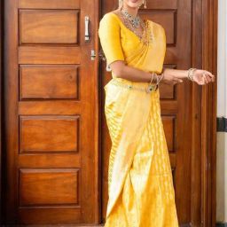 Satrani Yellow Silk Blend Woven Saree With Unstitched Blouse-image-17