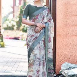 Satrani Grey Floral Print Saree With Unstitched Blouse-picture-2