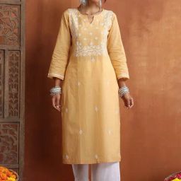 House Of Chikankari Cotton Chikankari Solid Women's Long Kurta - Beige-image-8