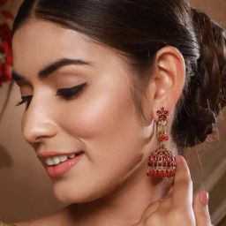 Aatmana Gold-Plated Faux Ruby Studded Beads Dome Shaped Jhumki Earrings for Women-5