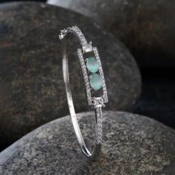 Zeneme Rhodium Plated Silver Lime Green American Diamond Kada Bracelet-34