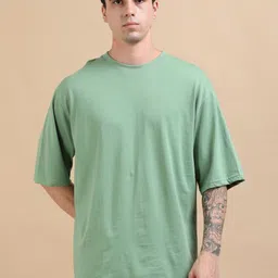 GLOWBERRY Men Solid Round Neck Cotton Oversized T-shirt-picture-15