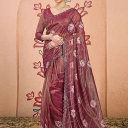 Satrani Maroon Net Embroidered Saree With Unstitched Blouse-picture-18