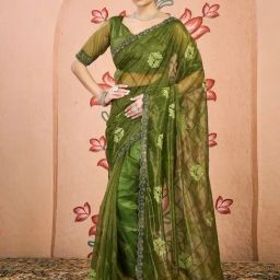 Satrani Green Net Embroidered Saree With Unstitched Blouse-image-71