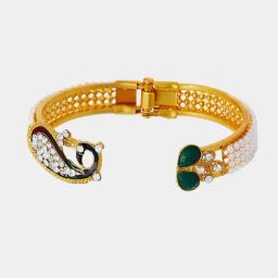 Zeneme Gold Plated Pearls Beaded Alloy Antique Peacock Kada Bracelet-image-33