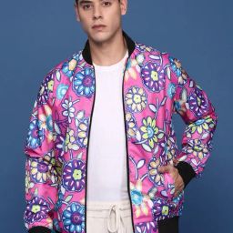 Showoff Pink Nylon Slim Fit Floral Jacket-image-95