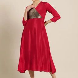 Qurvii Desi Red Brocade Fit & Flare Dress-image-47