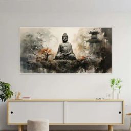 Nestroots Grey Canvas Buddha In Tranquillity On Rock Wall Painting - Black Floating Frame-19