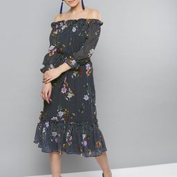RARE Women Navy Blue & White Striped Midi A-Line Dress with Printed Detail-image-88